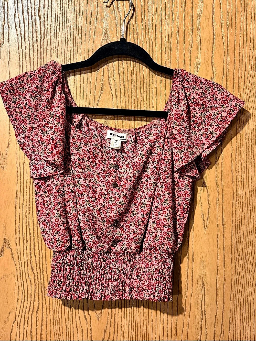 Monteau Floral Smocked Blouse in Pink & Red Size Medium